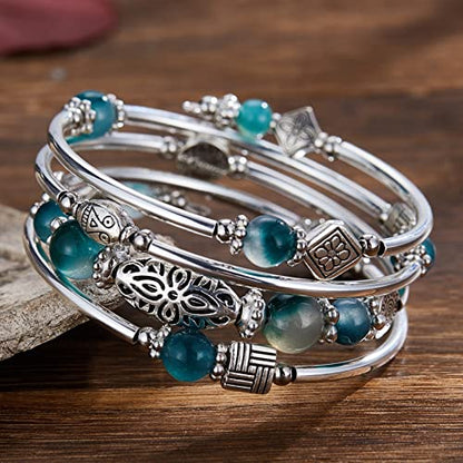 BULINLIN Layered Wrap Bangle Turquoise Bracelet - Bead Bracelet with Natural Agate Stone, Gifts For Women - color: 03-Jade Green