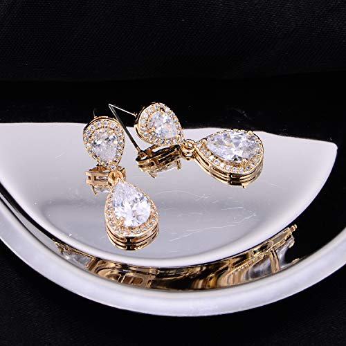 Pave Teardrop Earrings for Wedding Sterling Silver Double Pear Shaped CZ Cubic Zirconia Crystal Rhinestone Birthstone Dangle Earrings Bridal Jewelry for Bride Bridesmaids - color: Luxurious Gold