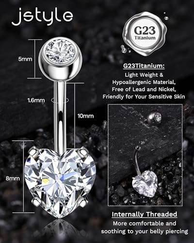 Jstyle G23 Titanium Belly Button Rings for Women 14G Internal Threaded | 14G Dangling Navel Ring, Hypoallergenic Belly Button Bar with Spacking AAAAA+ Cubic Zirconia, 10mm Bar Length Belly Piercing - color: Silver Plated: Heart
