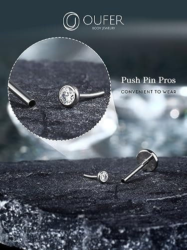 OUFER 2Pcs 20G/18G/16G G23 Titanium Threadless Nose Stud Earrings Flat Back Tiny CZ Small Nose Helix Cartilage Tragus Conch Labret Medusa Monroe Piercing Jewelry for Women Men - color: Silver, size: 2pcs, 16g 6mm, 1.5mm cz