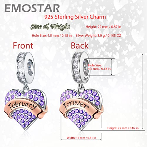 EMOSTAR Jan-Dec Birthstone Charms fits European Birthday Bracelet, Dangle 925 Sterling Silver Heart Shaped Pendant with 12 Months Birthstones, Gifts for Mom/Women - color: February Birthstone
