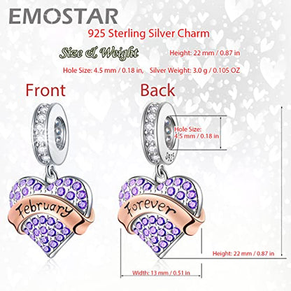 EMOSTAR Jan-Dec Birthstone Charms fits European Birthday Bracelet, Dangle 925 Sterling Silver Heart Shaped Pendant with 12 Months Birthstones, Gifts for Mom/Women - color: February Birthstone