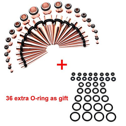 36 Pieces Ear Gauges Stretching Kit Taper Stainless Steel Single Flare Tunnel Plugs Eyelet 14G-00G and 36 pcs O-Ring Extra Set - style: Rose Gold 36 pieces
