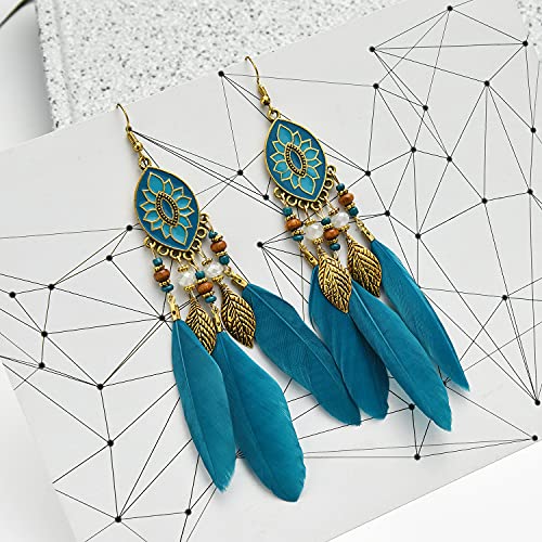 Dreuyet Boho Long Feather Drop Dangle Earrings for Women Retro Bohemian Ethnic Fringe Multicolor Tassel Feather Earring Handmade Statement Dream Catcher Earrings Jewelry - color: Turquoise Oval