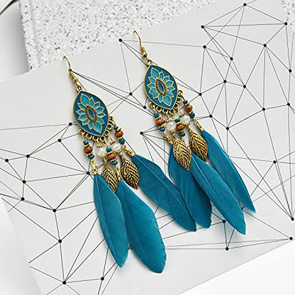 Dreuyet Boho Long Feather Drop Dangle Earrings for Women Retro Bohemian Ethnic Fringe Multicolor Tassel Feather Earring Handmade Statement Dream Catcher Earrings Jewelry - color: Turquoise Oval