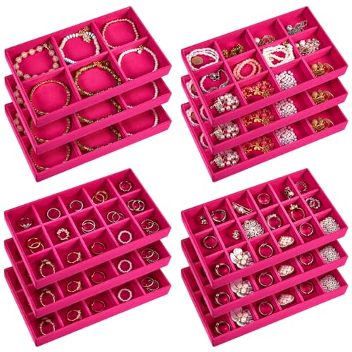 12 Pcs Jewelry Tray Velvet Stackable Jewelry Organizer Trays Divided Earring Accessories Storage Containers Box (Rose Red) - color: Rose Red