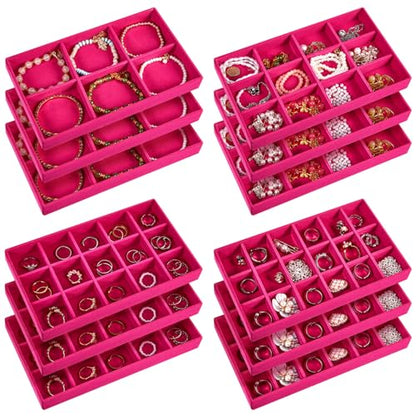 12 Pcs Jewelry Tray Velvet Stackable Jewelry Organizer Trays Divided Earring Accessories Storage Containers Box (Rose Red) - color: Rose Red