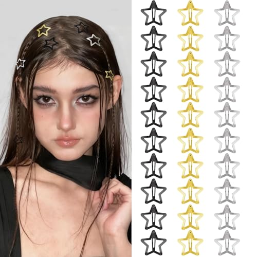 Star Hair Clips 2000s Y2K Black Gold Silver Star Hair Accessories Snap Hair Barrettes Non Slip Metal Hair Clips for Girls Women -30 PCS 1.18" - color: 30 P -1.18"-black,gold,silver