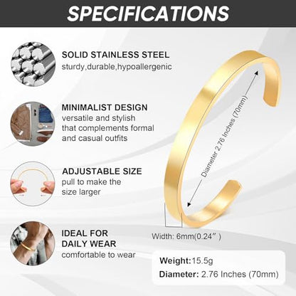 Stainless Steel Mens Cuff Bracelet : Minimal Cool Silver/Black/Gold Plated Open Metal Cuff Bangle Bracelets for Men,Mens Bracelet Jewelry Gift - color: Gold Plated-Single, size: Large( fit 7" to 8.5" wrist)