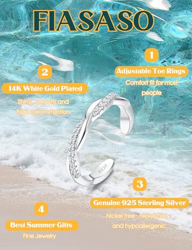FIASASO 925 Sterling Silver Toe Rings for Women Adjustable 14K White Gold Plated Flower Cz Snake Twist Opal Band Rings Summer Beach Open Toe Rings Foot Jewelry - style: twist