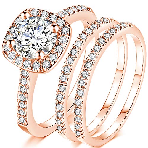 Jude Jewelers Silver Rose Gold Three-in-One Wedding Engagement Bridal Halo Ring Set - color: Rose Gold