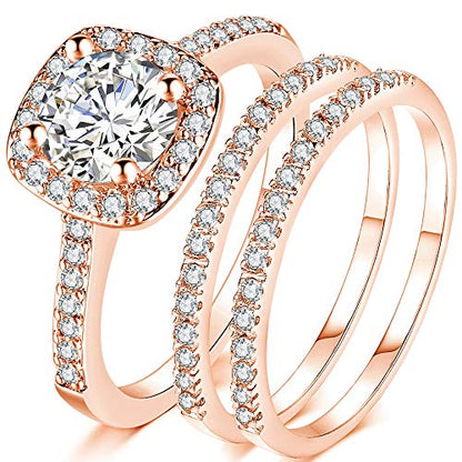 Jude Jewelers Silver Rose Gold Three-in-One Wedding Engagement Bridal Halo Ring Set - color: Rose Gold