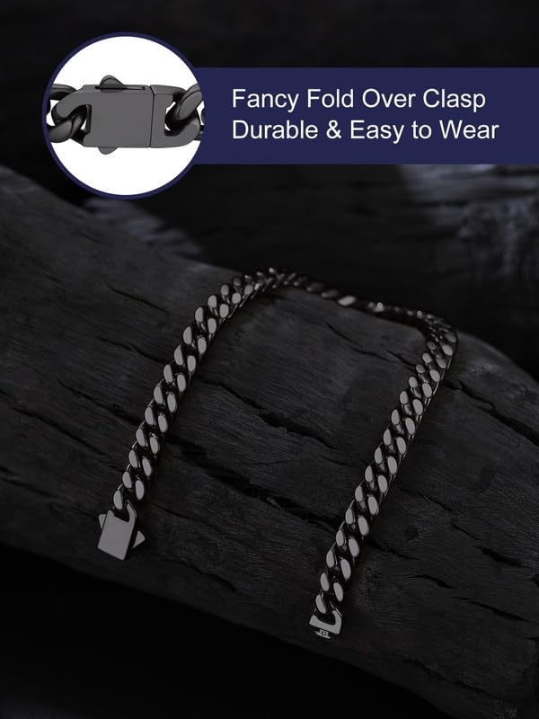 Bandmax Mens Hip Hop Cuban Link Bracelets 5/7/9/12MM Stainless Steel Miami Curb Chain Bracelet Silver/Gold Plated/Black Wristlet Chains for Men 7"-9" - color: 02 5MM-Black