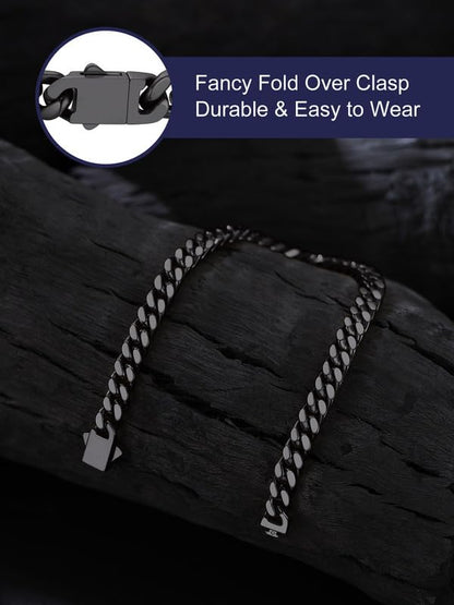 Bandmax Mens Hip Hop Cuban Link Bracelets 5/7/9/12MM Stainless Steel Miami Curb Chain Bracelet Silver/Gold Plated/Black Wristlet Chains for Men 7"-9" - color: 02 5MM-Black