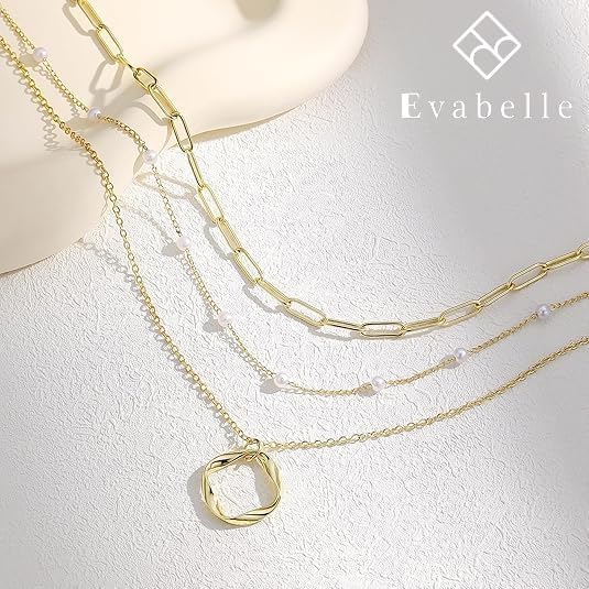 Evabelle Gold Layered Necklace for Women Trendy Jewelry 14K Real Gold Plated Chunky Chain Stackable Necklaces Dainty Choker Necklaces Rectangle Square Pendant - color: Gold Necklace 25