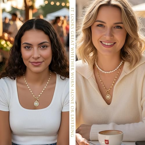 NUZON Sunburst Heart / 2-Tone Interlocking/CZ Evil Eye/Single Pearl/Love Heart Pendant Necklace for Women 14K Gold Chain Necklace Chunky Statement Jewelry - color: Evil Eye - Coffee Bean Chain