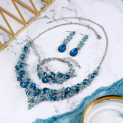 Wedding Bridal Jewelry Set for Women Bride Bridesmaids | Gorgeous Austrian Crystal Teardrop Cluster Statement Necklace Dangle Earrings Link Bracelet Set Prom Jewellery - color: 12-Sky Blue Silver-Tone