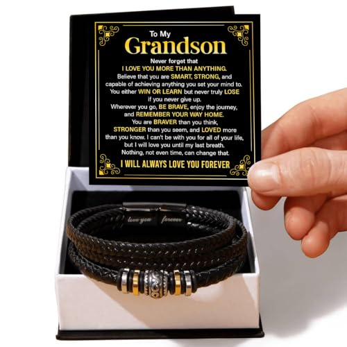 To My GrandSon Bracelet – Love You Forever Braided Leather Bracelet, Meaningful GrandSon Gift from Grandpa & Grandma with Heartfelt Message Card & Elegant Gift Box for Birthday, Christmas - color: Version#2