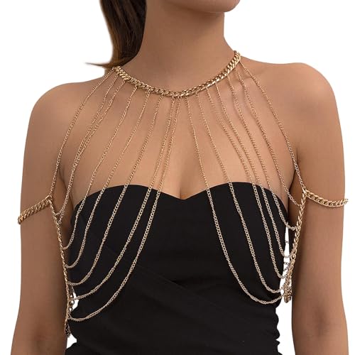 Summer Beach Harness Chest Body Chain Multi Layered Tassel Shoulder Body Chain Necklace Bikini Shoulder Arm Chain Bridal Wedding Backdrop Necklace Back Chain Jewelry for Women (Tassel)