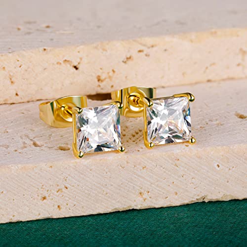 Stud Earring Set for Women Men 18K Yellow/White Gold Plated Princess Cut 4 Prong Graduated Square Clear Cubic Zirconia Pakc of 6 Pairs 3-7mm - color: Yellow gold-3mm-6 pairs