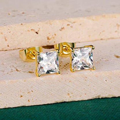 Stud Earring Set for Women Men 18K Yellow/White Gold Plated Princess Cut 4 Prong Graduated Square Clear Cubic Zirconia Pakc of 6 Pairs 3-7mm - color: Yellow gold-3mm-6 pairs