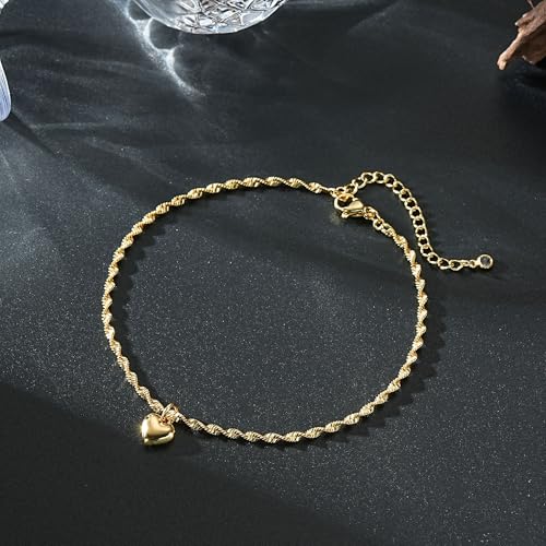 Ritach Gold/Silver Ankle Bracelets for Women 14K Gold Anklets for Women Waterproof Cuban Link Heart Bead Anklets Set Layered Anklet Bracelets for Women Gold Jewelry Gift - color: Gold heart