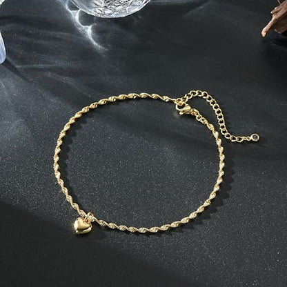 Ritach Gold/Silver Ankle Bracelets for Women 14K Gold Anklets for Women Waterproof Cuban Link Heart Bead Anklets Set Layered Anklet Bracelets for Women Gold Jewelry Gift - color: Gold heart