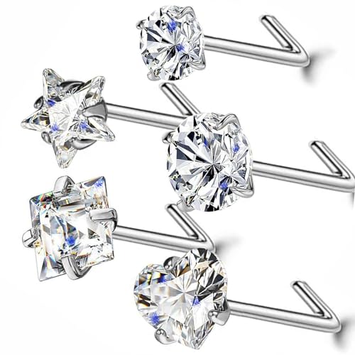 14k Gold Plated Nose Rings Studs for Women 316L Surgical Steel Nose Piercings 22g/20g/18g Gauges 1.5mm/2mm/2.5mm/3mm/3.5mm/4.5mm Sizes - color: 22g 5pcs L Silver Surgical Steel