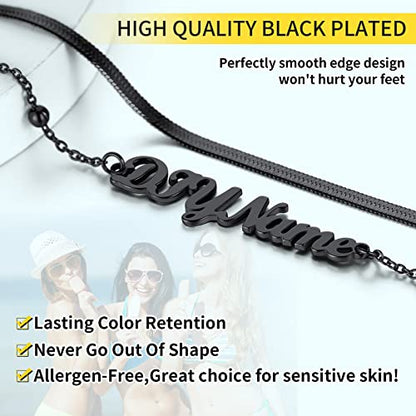 ChainsHouse Double Layer Anklet Bracelet for Women,Adjustable Chain Anklets Stackable Dainty Anklets,Stainless Steel/Gold Plated/Black Ankle Jewelry Gifts - color: C-Black-Snake Chain