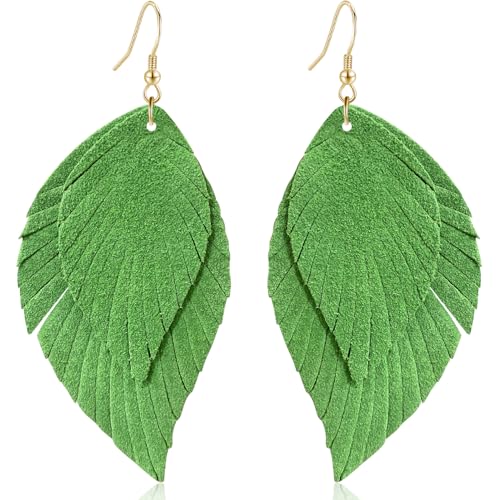 Genuine Leather Handmade Fringe Feather Lightweight Dangle Drop Earrings Teardrop Tassel Hook Earrings for Women - style: 6 Bright Green