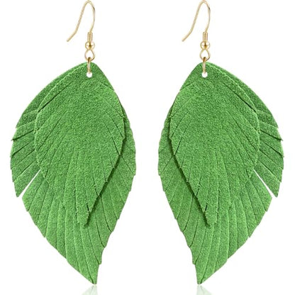 Genuine Leather Handmade Fringe Feather Lightweight Dangle Drop Earrings Teardrop Tassel Hook Earrings for Women - style: 6 Bright Green