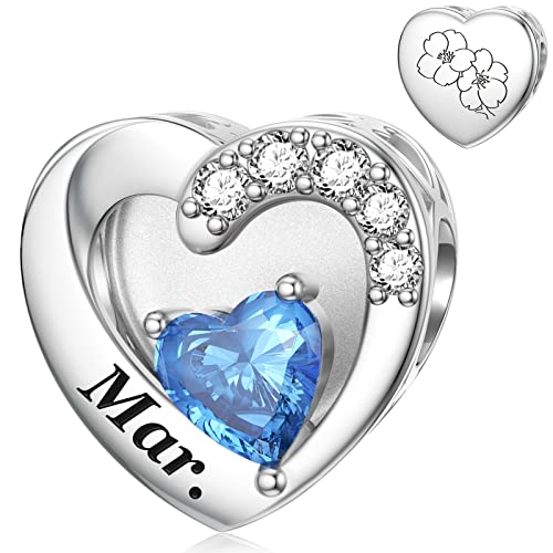 SEVENWELL Jan-Dec Birthstone Charms for Pandora Bracelets, Heart Charm | Fits Most European Charm Bracelets, Sparkling Heart CZ, Birth Flower Engraved, Gift Ready, Nickel-Free - color: March Birthstone Charm