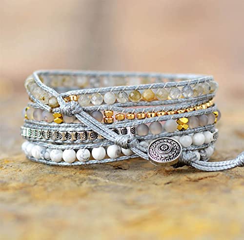 Women Wrap Bracelet Boho Natural Jasper Crystal Stone Beads Strand Bracelets - color: Style 04-Pink Quartz