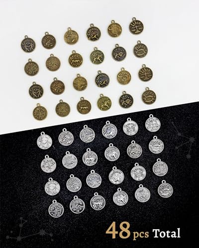 DIY Zodiac Charm Set, 48 Count 4 Sets Antique Tibetan Silver and Bronze Round Zodiac Sign Charms Constellation Pendants for Necklace Bracelet Jewelry Making and Crafting