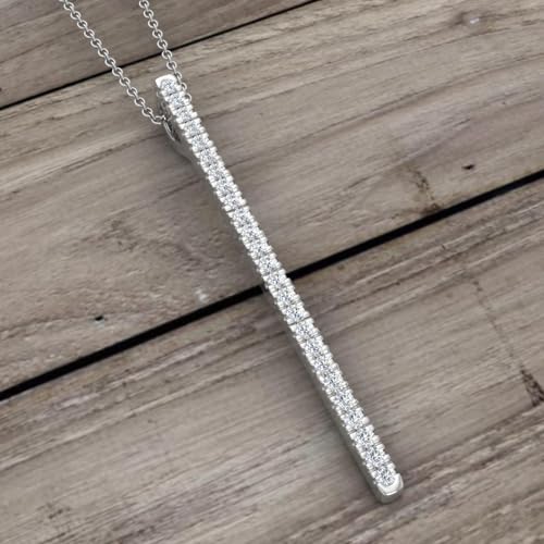 1/10 Carat Diamond Vertical Bar Pendant Necklace in 10K Solid Gold (Silver Chain Included) - color: White Gold