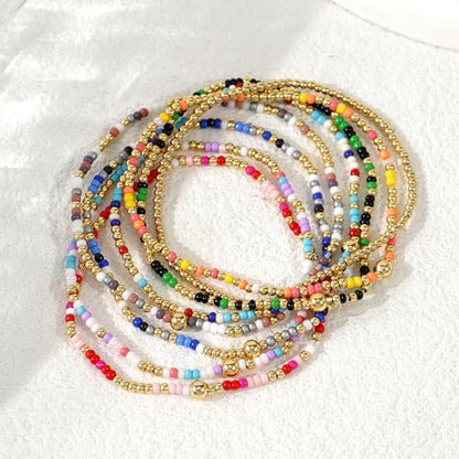 Dainty Gold Plated Beaded Bracelet Stack for Women,Handmade Bohemian Colorful Beads Stackable Stretch Bracelets Fashion Prom Jewelry Accessories Gift Friendship