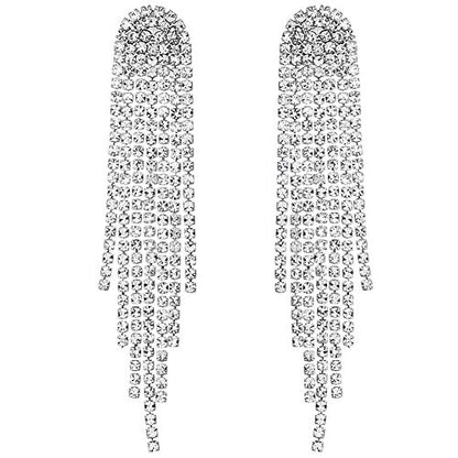 Mlouye 3.3"L Rhinestone Earrings Dangling Long Fringe Crystals Chandelier Dangle Drop Earrings for Women - color: 1-Pierced-Silver Clear