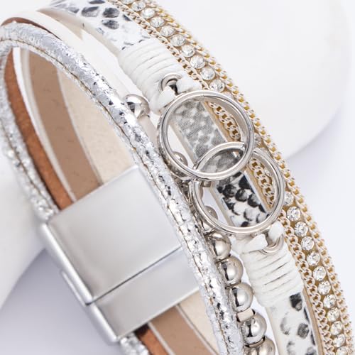 FANCY SHINY Boho Leather Wrap Bracelet Stackable Infinity Chunky Cuff Bracelets Western Hippie Outfits Jewelry Valentine Gifts for Women - color: Snakeskin White