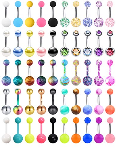 24-50Pcs 14G Stainless Steel Belly Button Rings for Women CZ Screw Navel Bars Body Piercing Jewelry - color: H: 50pcs