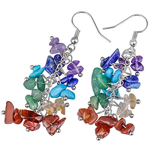 Nupuyai Natural Tumbled Stones Earrings for Women, Reiki Healing Crystal Long Dangle Hook Eardrop - color: #2-7 Chakra