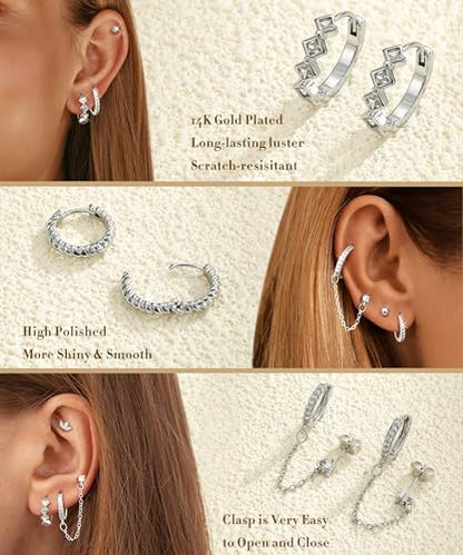 3 Pairs Dangle Hoop Chain Earrings Stacks for Women Trendy Huggie Earring | Non-Tarnish 5A CZ Stones Hoops Earrings Set for Multiple Piercing - style: Silver Plated-Hoop Dangle
