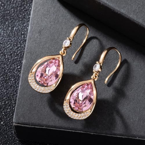 Austrian Crystal Halo Teardrop Hollow Drop Dangle Earrings for Women 14K Rose Gold Plated Hypoallergenic Jewelry Gifts - color: Pink