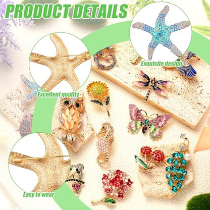 Sasylvia 16 Pcs Women Brooch Set Rhinestone Vintage Animal Insect Plant Pins Brooches Bulk for Christmas Women Girls Gifts - style: Nature