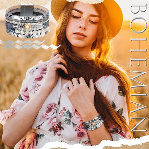 Inbagi 3 Pcs Western Turquoise Jewelry for Women Native American Jewelry White Turquoise Bracelet Bohemian Multi Layer Faux Leather Cowgirl Bracelet for Girls Women Silver Cuff Bangle - style: Gentle