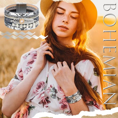 Inbagi 3 Pcs Western Turquoise Jewelry for Women Native American Jewelry White Turquoise Bracelet Bohemian Multi Layer Faux Leather Cowgirl Bracelet for Girls Women Silver Cuff Bangle - style: Gentle