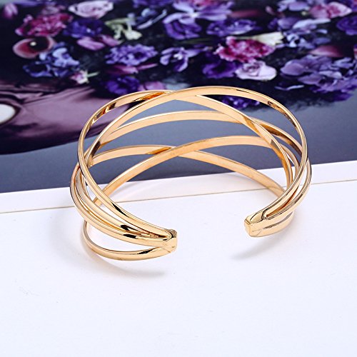Boho Chunky Cuff Bracelet for Women,Gold/Silver/Rose gold Multi-layer Cross Wire Bangle Bracelets Open Adjustable Wide Cuff Bracelet Fashion Statement Jewelry - color: Rold