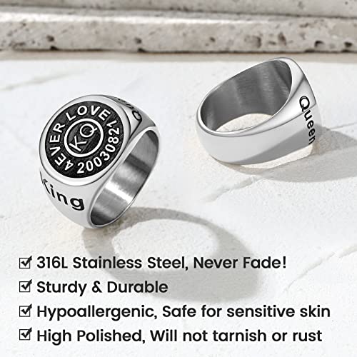 KeyStyle Stainless Steel Signet Rings Personalized for Men, Womens Custom Engraved Round Pinky Ring, Cool Ring Biker Rings Peronalised Gifts for Father Husband Mother (Size 7-13)