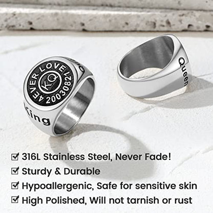 KeyStyle Stainless Steel Signet Rings Personalized for Men, Womens Custom Engraved Round Pinky Ring, Cool Ring Biker Rings Peronalised Gifts for Father Husband Mother (Size 7-13)
