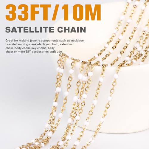 33FT 2mm Gold Cable Chains White Enamel Chains Bulk Roll for Jewelry Making | 18K Gold PVD Plated Stainless Steel Enamel Beaded Chains Roll for Necklace Bracelet - color: Gold White Beads