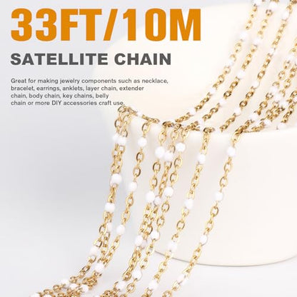 33FT 2mm Gold Cable Chains White Enamel Chains Bulk Roll for Jewelry Making | 18K Gold PVD Plated Stainless Steel Enamel Beaded Chains Roll for Necklace Bracelet - color: Gold White Beads